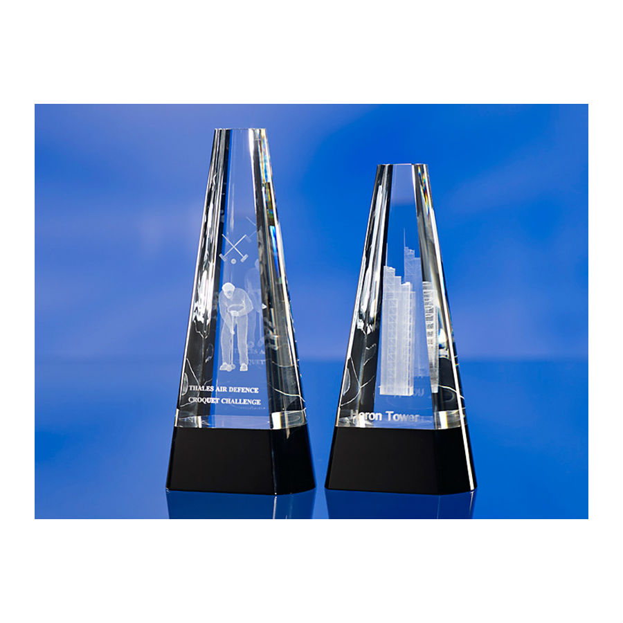 3D crystal glass cone award trophy with black crystal base